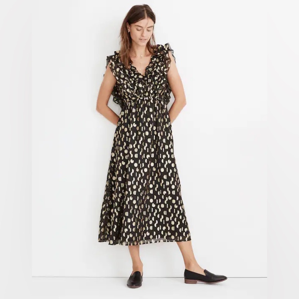 Madewell Metallic Clipdot Open-Back Ruffle Maxi Dress